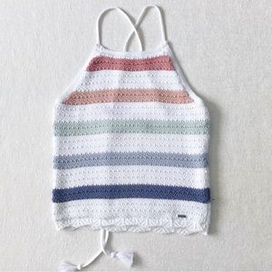 Hollister Knit Top Scallop Hem Adjustable Straps Tie in Back White with Stipes
